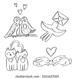 Vector cute animals for Valentine`s Day creative artistic cards. Vector illustration. Love and romantic card template. Hand drawn elements