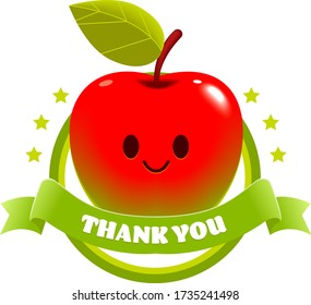 Vector cute apple character with banner and 'Thank you' message isolated on white background