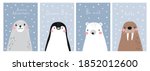 Vector with cute Arctic animals - Polar bear, seal, penguin, walrus.  Cartoon characters Arctic and antarctic animals