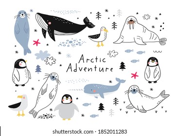 Vector with cute Arctic animals - Polar bear, seal, penguin, walrus, whale, fish, narwhal, albatross.  Cartoon characters Arctic and antarctic animals