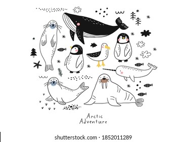 Vector with cute Arctic animals - Polar bear, seal, penguin, walrus, whale, fish, narwhal, albatross.  Cartoon characters Arctic and antarctic animals