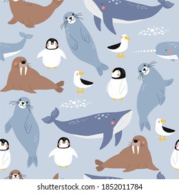 Vector with cute Arctic animals - Polar bear, seal, penguin, walrus, whale, fish, narwhal, albatross.  Seamless pattern with Cartoon characters Arctic and antarctic animals