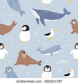 Vector with cute Arctic animals - Polar bear, seal, penguin, walrus, whale, fish, narwhal, albatross.  Seamless pattern with Cartoon characters Arctic and antarctic animals