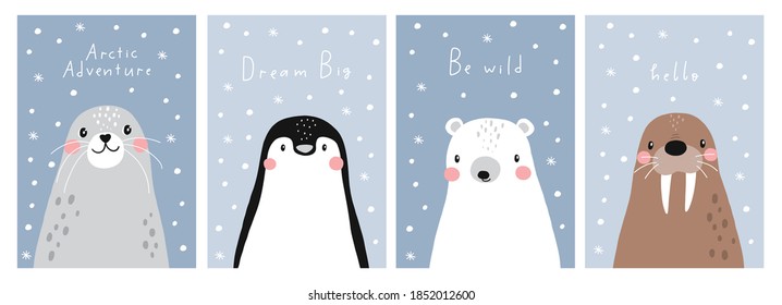 Vector with cute Arctic animals - Polar bear, seal, penguin, walrus.  Cartoon characters Arctic and antarctic animals