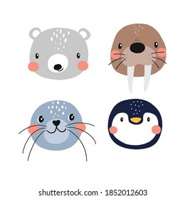 Vector with cute Arctic animals - Polar bear, seal, penguin, walrus.  Cartoon characters Arctic and antarctic animals