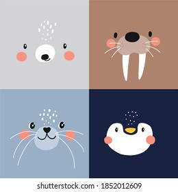 Vector with cute Arctic animals - Polar bear, seal, penguin, walrus.  Cartoon characters Arctic and antarctic animals