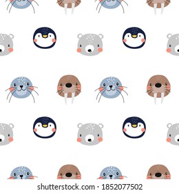 Vector con lindos animales del Ártico - oso polar, foca, pingüino, moras, ballena, pez, narval, albatros.  Patrón sin fisuras con personajes de dibujos animados Animales árticos y antárticos