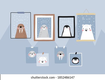 Vector with cute Arctic animals - Polar bear, seal, penguin, walrus.  Cartoon characters Arctic and antarctic animals