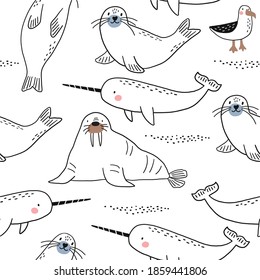 Vector with cute Arctic animals - Polar bear, seal, penguin, walrus, whale, fish, narwhal, albatross.  Seamless pattern with Cartoon characters Arctic and antarctic animals