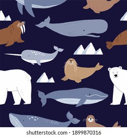 Vector with cute Arctic animals - Polar bear, seal, walrus, whale, fish, narwhal, albatross.  Seamless pattern with Cartoon characters Arctic and antarctic animals