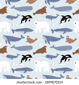 Vector with cute Arctic animals - Polar bear, seal, walrus, whale, fish, narwhal, albatross.  Seamless pattern with Cartoon characters Arctic and antarctic animals