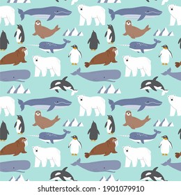 Vector with cute Arctic animals - Polar bear, seal, walrus, whale, fish, narwhal, albatross.  Seamless pattern with Cartoon characters Arctic and antarctic animals