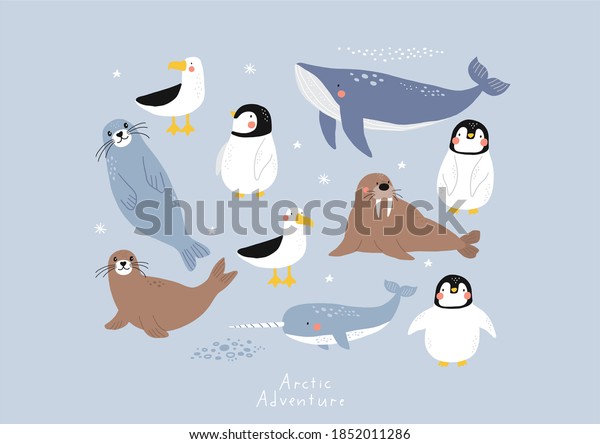 Vector with cute Arctic animals - Polar\
bear, seal, penguin, walrus, whale, fish, narwhal, albatross. \
Cartoon characters Arctic and antarctic\
animals