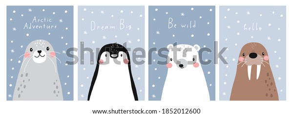 Vector\
with cute Arctic animals - Polar bear, seal, penguin, walrus. \
Cartoon characters Arctic and antarctic\
animals