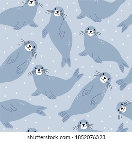 Vector with cute Arctic animals -  seal.  Seamless pattern with Cartoon characters Arctic and antarctic animals