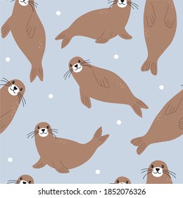 Vector con lindos animales del Ártico - foca.  Patrón sin fisuras con personajes de dibujos animados Animales árticos y antárticos