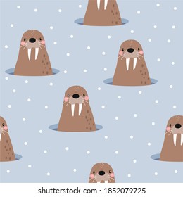 Vector with cute Arctic animals -  walrus. Seamless pattern with   Cartoon characters Arctic and antarctic animals