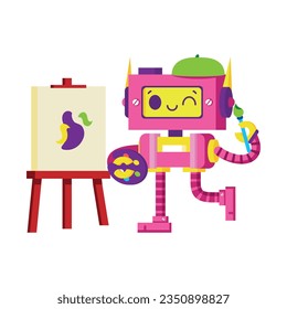vector cute artist robot cartoon illustration isolated