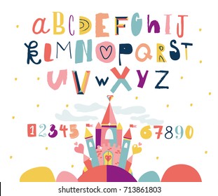Vector Cute Artistic and Creative Alphabet with lovely castle. Typeface. Font. Isolated. EPS 10.