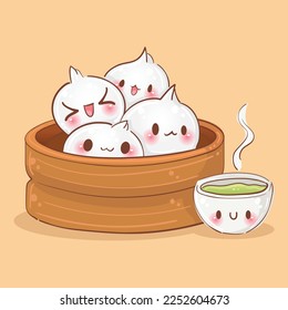 Vector cute asian food baozi dumplings with green tea cup