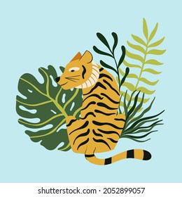 Vector cute asian tiger with tropical leaves on the blue background card design. Beautiful jungle animal print design for t-shirt or poster
