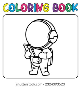 Astronauta vectorial lindo sujetando el teléfono para la imagen de un icono vectorial de la página de coloreado infantil
