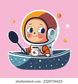 vector cute astronaut paddling moon boat in space cartoon vector icon illustration