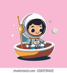 vector cute astronaut paddling moon boat in space cartoon vector icon illustration