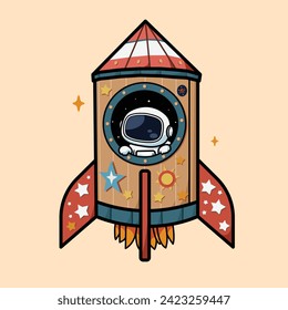 vector cute astronaut playing with cardboard rocket. The design can be used for print needs and digital needs