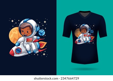 Vector cute astronaut riding a rocket in space cartoon vector icon illustration animal nature icon concept isolated