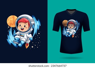 Vector cute astronaut riding a rocket in space cartoon vector icon illustration animal nature icon concept isolated