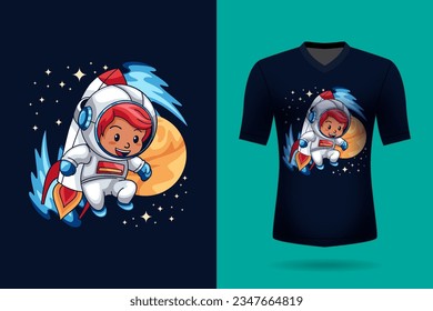 Vector cute astronaut riding a rocket in space cartoon vector icon illustration animal nature icon concept isolated