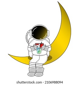 Vector for cute astronaut sit on the crescent Moon with drink boba