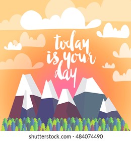 Vector cute autumn flat landscape with mountain, forest  background with romantic sunset