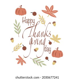 Vector lindo tarjeta de saludo de otoño con calabaza, pájaro y hojas y texto Feliz Día de Acción de Gracias para invitaciones, banner, volante