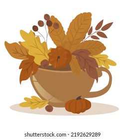 vector cute autumn illustration in flat style - tea cup with bouquet of autumn leaves. sample for greeting card