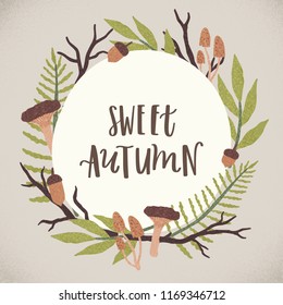 Vector cute autumn illustration and lettering. 