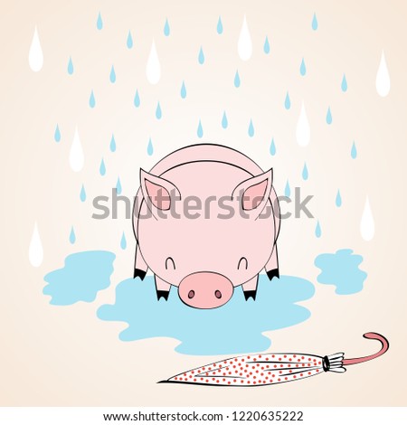 Vector cute autumn illustration with pig and rain.