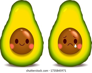 Vector cute avocado characters show different expressions, happy and sad isolated on white background