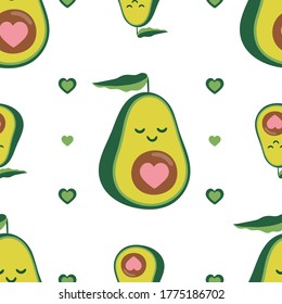 Vector cute avocado seamless pattern. Smiling avocados with bone and green hearts. Design for printing on textiles, packaging, wallpaper, paper.