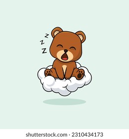 Vector cute baby bear cartoon sleeping on the cloud icon illustration. Flat cute animal vector illustration, flat icon sticker isolated.