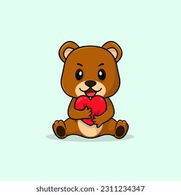 Vector cute baby bear cartoon holding love icon flat illustration. Flat cute animal vector illustration, flat icon sticker isolated.