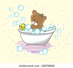 Vector Cute baby bear swims in the bathtub with foam and duck. Shampoo bubbles.