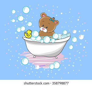 Vector Cute baby bear swims in the bathtub with foam and duck. Shampoo bubbles.