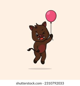 Vector cute baby boar cartoon floating holding ballon icon illustration. Flat bear vector illustration, flat icon sticker isolated.