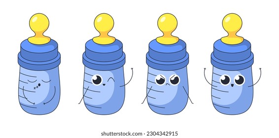 Vector cute baby bottle pacifier set kinds of pose angry, sleep, say hi, and happy cute bottle illustration