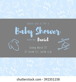Vector cute baby boy shower invitation card.