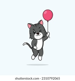 Vector cute baby cat cartoon floating holding ballon icon illustration. Flat bear vector illustration, flat icon sticker isolated.