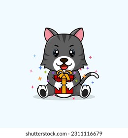 Vector cute baby cat cartoon happy holding gift flat icon illustration. Flat bear vector illustration, flat icon sticker isolated.