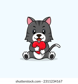 Vector cute baby cat cartoon holding love icon flat illustration. Flat cute animal vector illustration, flat icon sticker isolated.